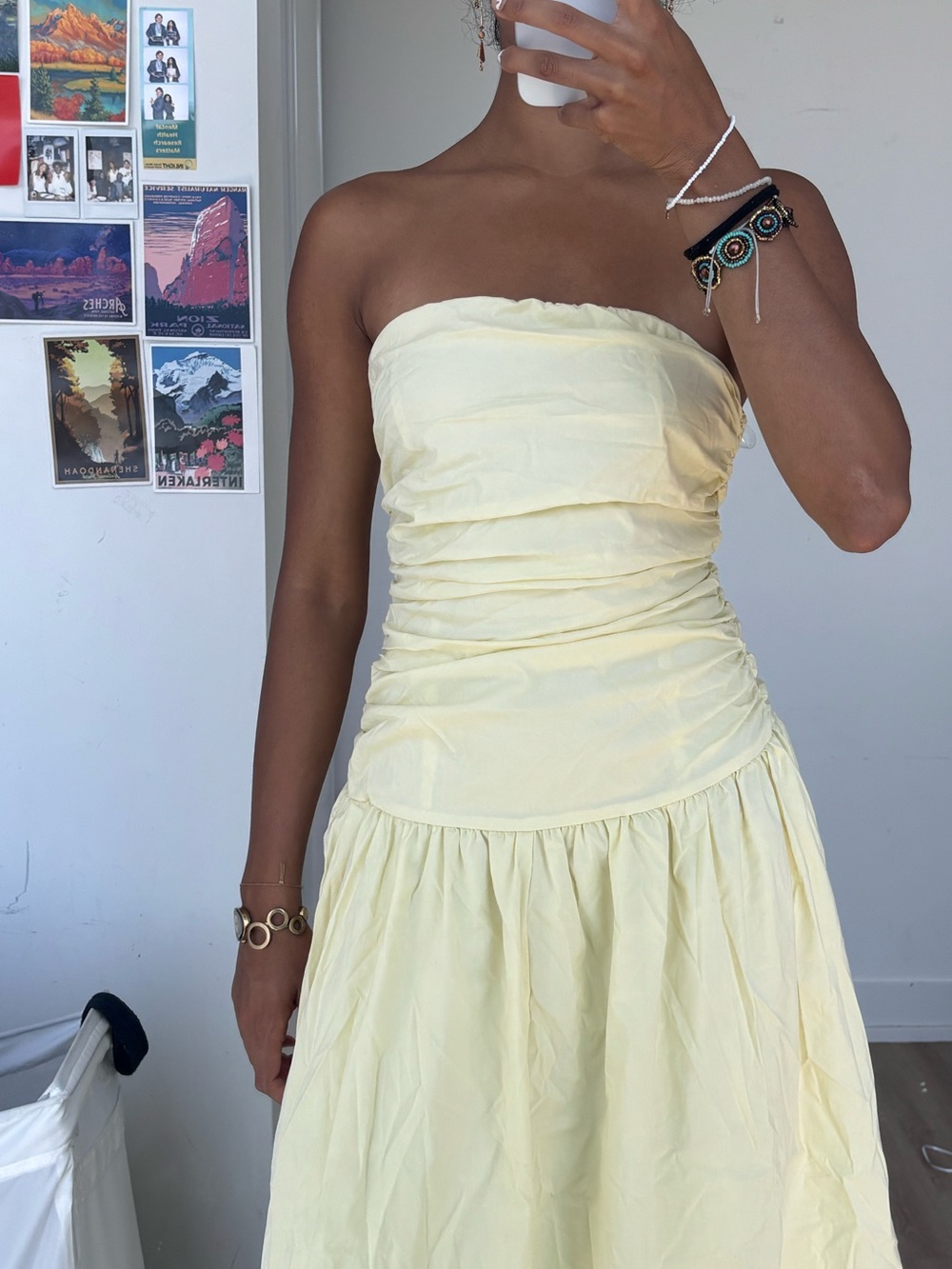 Peppermayo Strapless Ruched Bodice Maxi Dress in Pale Yellow